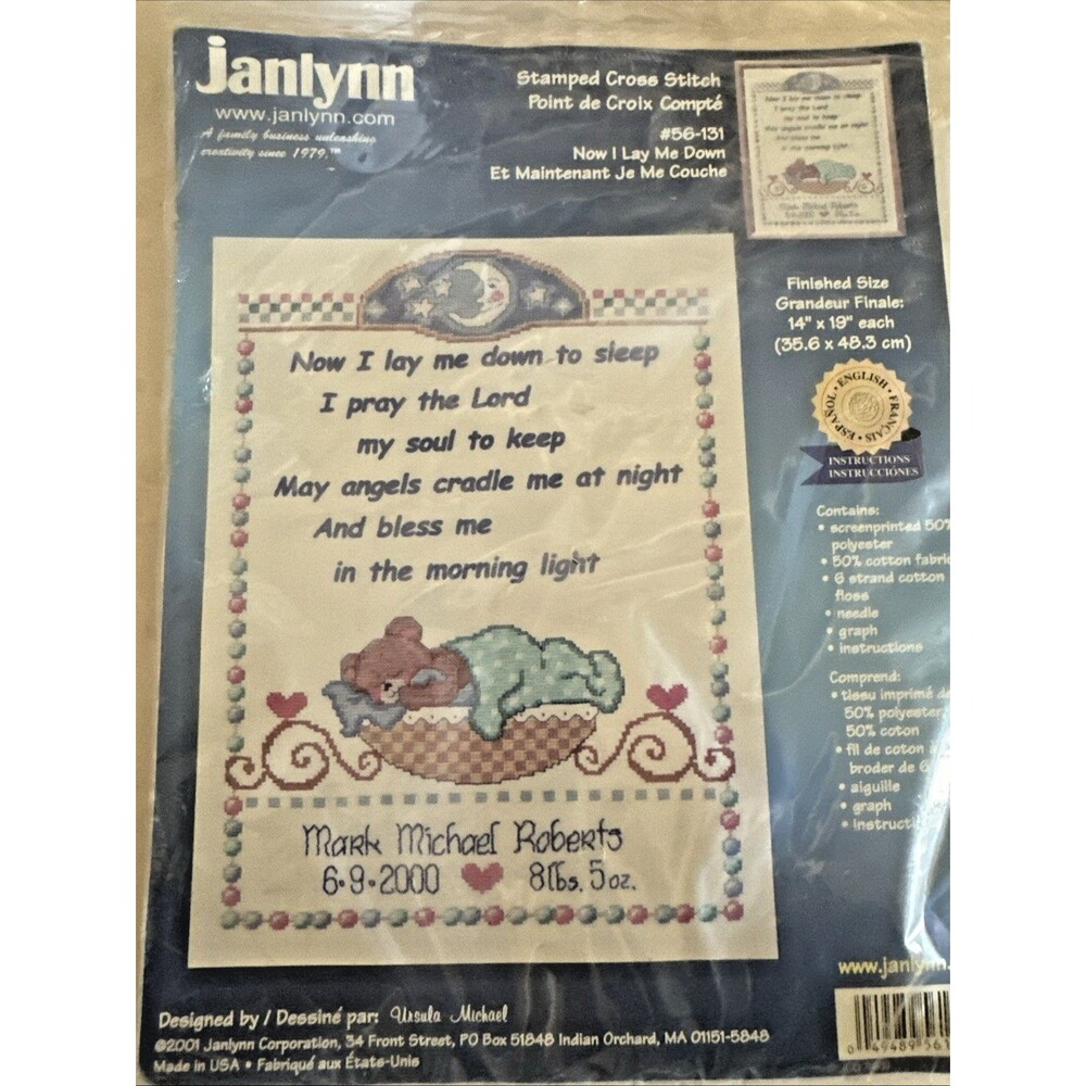 Janlynn Baby Prayer Cross Stitch Kit #56-131 Now I Lay Me Down